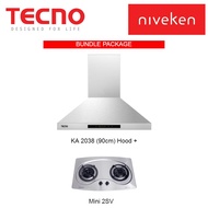 (HOOD + HOB) Tecno KA 2038 (90cm) Chimney Cooker Hood  + Tecno MINI 2SV (70cm) 2 Burner Stainless Steel Cooker Hob