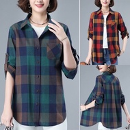 Women's Long Sleeve Blouse Cotton Retro Top Loose Casual Plus Size Plaid Shirt Baju Wanita Puncak Blaus