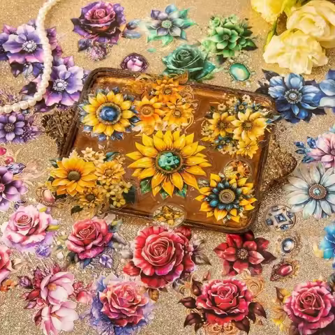 30Pcs material Diary Tears Ocean Pack gem Emerald PET Sticker gem bloom flower handbook Adhesive Scr