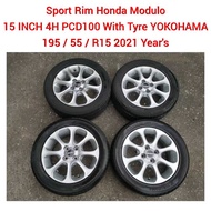 Sport Rim Honda Modulo 15 INCH 4H PCD100 5.5JJ With Tyre YOKOHAMA 195 / 55 / R15 For Jazz Fit City Vios Yaris Myvi Alza
