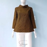 Shanaya Baju Batik Wanita Blus Lurik Kecil besar Hitam Coklat blouse Turtleneck Zipper Belakang