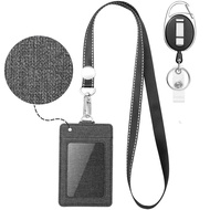 Leather ID Card Holder Wallet Badge - with 3 Cards Slot and Neck Lanyard/Strap. Additional Retractable Reel
