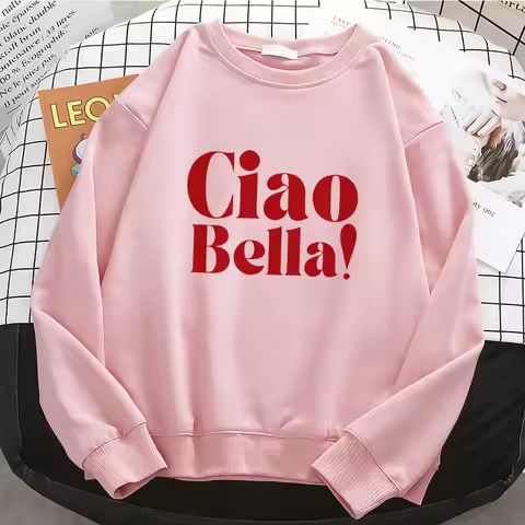 Fashion Womens Hoodies Ciao Bella Letter Warm Fleece Sweatshirt Soft 90s O-Neck Pullover Casual Fema