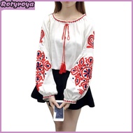 Summer Shirt Women Ethnic Style Embroidered Pattern Pullover Tops Round Neck Lantern Sleeve Loose Fi
