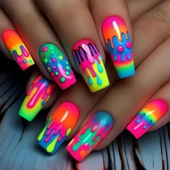 24pcs/set short Medium Long fake nails for women almond square ballet tips cute animals starry eyes 