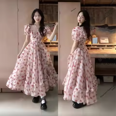 French Tea Break Pink Floral Shoulder Bared Dress Women's Atmosphere Holiday Style Waist Cinching Sl