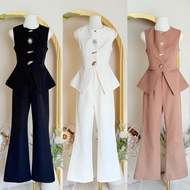 [NITTAYA] D2822 Round Neck Sleeveless Shirt Set With Gold Button Detail And Long Pants Beautiful And