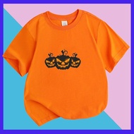 Spooky Pumpkin Face Print Kids Halloween T-Shirt Funny Cartoon Graphic Short Sleeve Costume Outfit