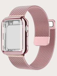配合蘋果手錶40mm、41mm、44mm、45mm Se/8/7/6/5/4,男女皆可使用,具時尚設計,包含粉色金屬鋼帶相容的米蘭尼斯環繞網狀表帶和金屬抗震屏幕保護套一套