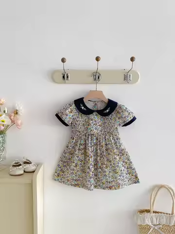 New Summer Baby Dress 9M-4T Cute Colorful Floral Thin Girls Dress Embroidered Flower Collar Kids Swe