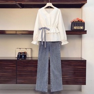 大碼 套裝 女 2024 新款 大碼女裝 大碼女裝上衣 2025 Spring New Style Plus Size Women's Shirt & Wide-Leg Pants Set