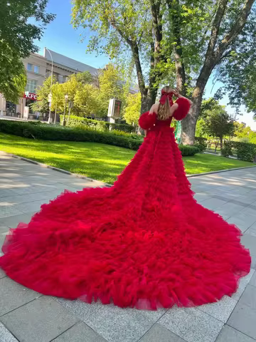 Photography Fuchsia Formal Dresses Tulle CorsetExaggerated Sweetheart Prom Gowns Sleeves Off Shoulde