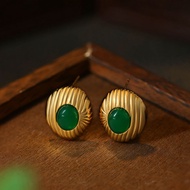Original Design High-End Feeling 18k Gold-Plated Silver Needle Round Imitation Green Agate Glossy Ov