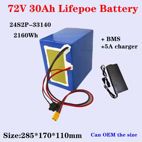 2160Wh 72V 30Ah LiFePo4 rechargeable battery pack 33140 24S2P built-in 50A BMS 3600W motor high-powe