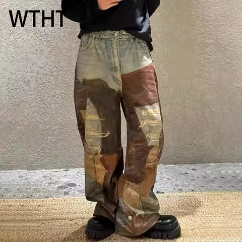 WTHT Fashion Men'a Patchwork Hole Do Old Design Denim Pants Vintage American Style High-waisted Jean