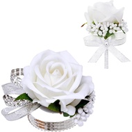 2Pcs White Rose Corsage and Boutonniere Set, Corsage Wristlet Band for Prom Decorations, Artificial 