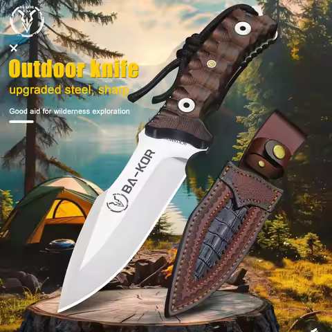 BA-KOR USA All Tang 6mm Thick 9CR18MOV Outdoor Knife, Red Sandalwood Handle Jungle Hunting Knife, Ca