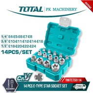 (Ready Stock) TOTAL E-type Box Socket 14 Pcs Set Cr-V Material (Torx Star Size: E4 - E24, 1/4", 3/8"