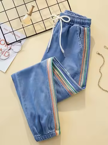 Women's Loose Fit High Waist Denim Pants Rainbow Stripe Side Strip Rainbow Harlan Pants Casual Summe