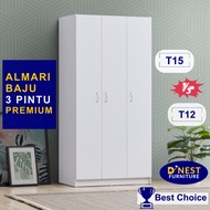 Almari Baju 3 Pintu (Premium T15 / Murah T12) 3 Door Wardrobe Kabinet Baju - D' Nest Furniture