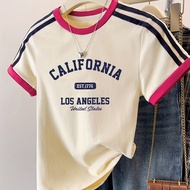 TEMU 8361-letter Slogan Print Fashion Women's Short Sleeve, Vintage Striped Contrast Color Bar Round