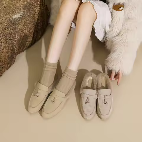 Genuine Leather LP Women's Flats Soft Bottom Fur Covered Toe Semi Slip-On Fleece Lined Lazy Mule Sho