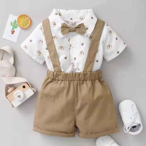 3-24 Months Baby Boy Clothing Set Short Sleeves Animal Bodysuit+Strap Shorts 2PCS Clothes Newborn Ba