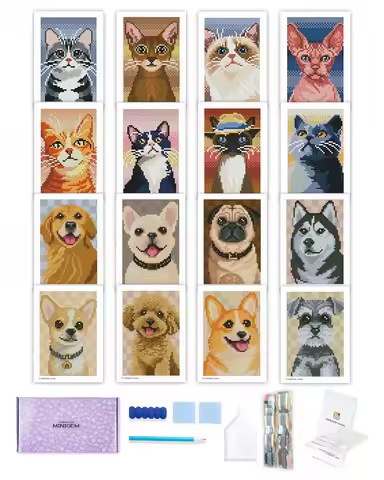 Minigem Cute Cat & Dog Diamond Painting Kit, 16PCS 5"x7" Resin Square Diamonds Art Set for Pet Lover