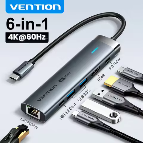 Vention 6 in 1 4K HDMI USB C HUB PD 100W Charging RJ45 Ethernet Adapter USB 3.0 Splitter for MacBook