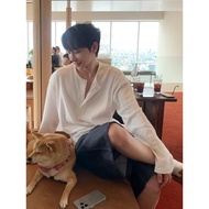 White Henry Collar Vertical Stripes Long-Sleeved T-Shirt Men's Spring Summer cleanfit Loose Henry Sh