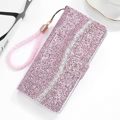 Glitter Leather Case For iPhone 13 11 12 14 15 Pro XS Max Mini XR X 8 7 Plus Flip Case Cover For App