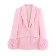 European American Style Women's Feather Accessories Cuff Blazer 3419324