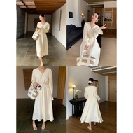 Pusumede V-neck Long Sleeve Dress เสื้อผ้าทำงานสำหรับผู้หญิง กระโปรงยาวทรงเอเอวสูง สไตล์นักเรียน ฤดู