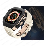 คาร์บอนไฟเบอร์กรณีการปรับเปลี่ยนชุดสำหรับ Apple Watch Ultra 8 49มม. โลหะ Mod Kit สำหรับ I Watch 7 6 SE 5 4 45มม. 44มม. Fluororubber สายคล้อง