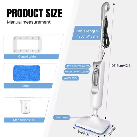 1500W Hot Steam Cleaner Handheld, 115cm Aluminum Rod, 400ml Water Tank, 4.8M Cable, 20s Fast Heating