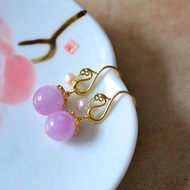 10mm天然原礦紫鋰輝 珍珠古法銀鎏金鳳勾耳環s