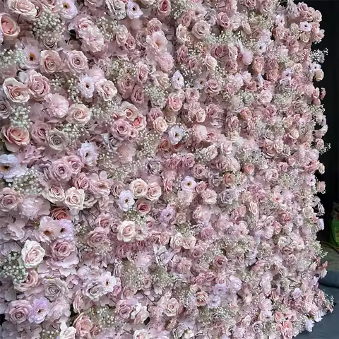 High Quality 8x8 Roll up Silk Floral Panel Custom 3D 5D Pink Artificial Rose Flower Wall Backdrop We