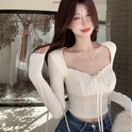 LYNDON Sexy Crop Top, White Bow Square Neck T-shirt, Elegant Lace Slim Korean Style Skinny Crop Top Women
