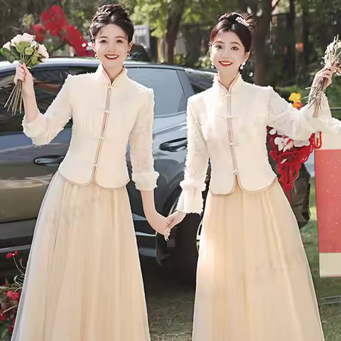 Fashion Elegant Improved Cheongsam Suits Wedding Party Bridesmaids Xiuhe Clothes Vintage Button Tang