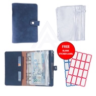 Money Binder Organizer (BLUE)- PU Leather Notebook with button closure - 7pcs Cash Envelope w/ Label