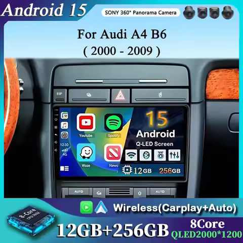 For Audi A4 B6 2000-2009 2K 12+256 QLED Android 15 CarPlay Car Radio Multimedia Video Player GPS ste