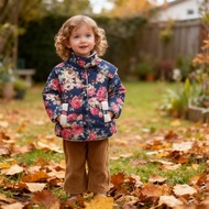 Winter New Girls' Coat with Navy Blue Small Floral Patterns Thick and Warm Cotton Clothing Stylish a