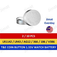 T&E LR1142 LR43 AG12 386 SR1142PW 186 V386 280-41 SG12 1.55V miniature watch battery batteri jam bat