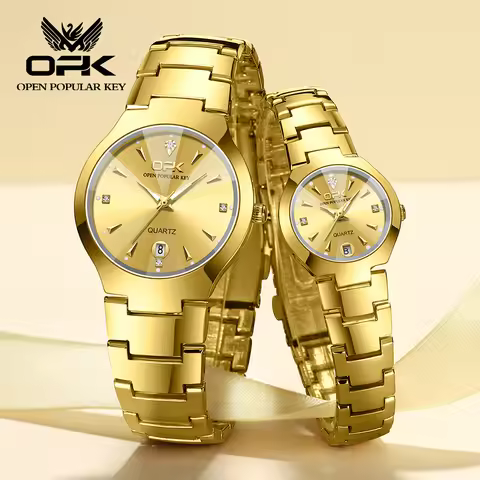 OPK Gold Couple Watch Pair for Men Women Stainless Steel Strap Waterproof Luminous Calendar Wrist wa