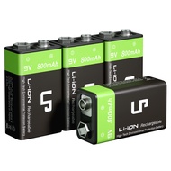 LP 9V Rechargeable Battery Pack, 4-Pack 800mAh Li-ion 9 Volt Battery for Alarms, Wireless Microphone