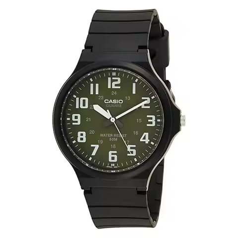 Casio analog watch MW-240-3B with green dial and white numbers, featuring a black rubber strap and p