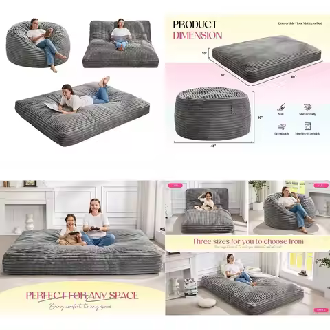Bean Bag Chair Convertible Beanbag Chairs for Adults, 3 in 1 Bean Bags with Stripe Cover, Adult Bean