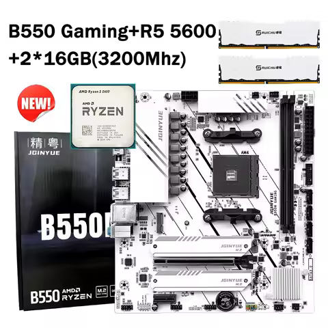 JGINYUE B550 Motherboard Kit Ryzen 5 5600 AM4 Processors 2*16GB DDR4 3200Mhz RAM Desktop PC PCI-E 4.