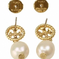 快速出貨！【TORY BURCH】珍珠造型雙T-LOGO耳環-玫瑰金