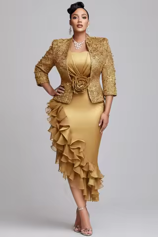 Plus Size Churchs Gold 3/4 Sleeve Ruffle Elegant 3D Two Piece Dress Set